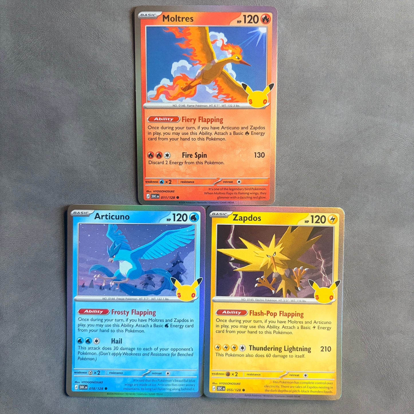 ARTICUNO ZAPDOS MOLTRES 30TH CELEBRATION HOLO 3 CARD BUNDLE NM